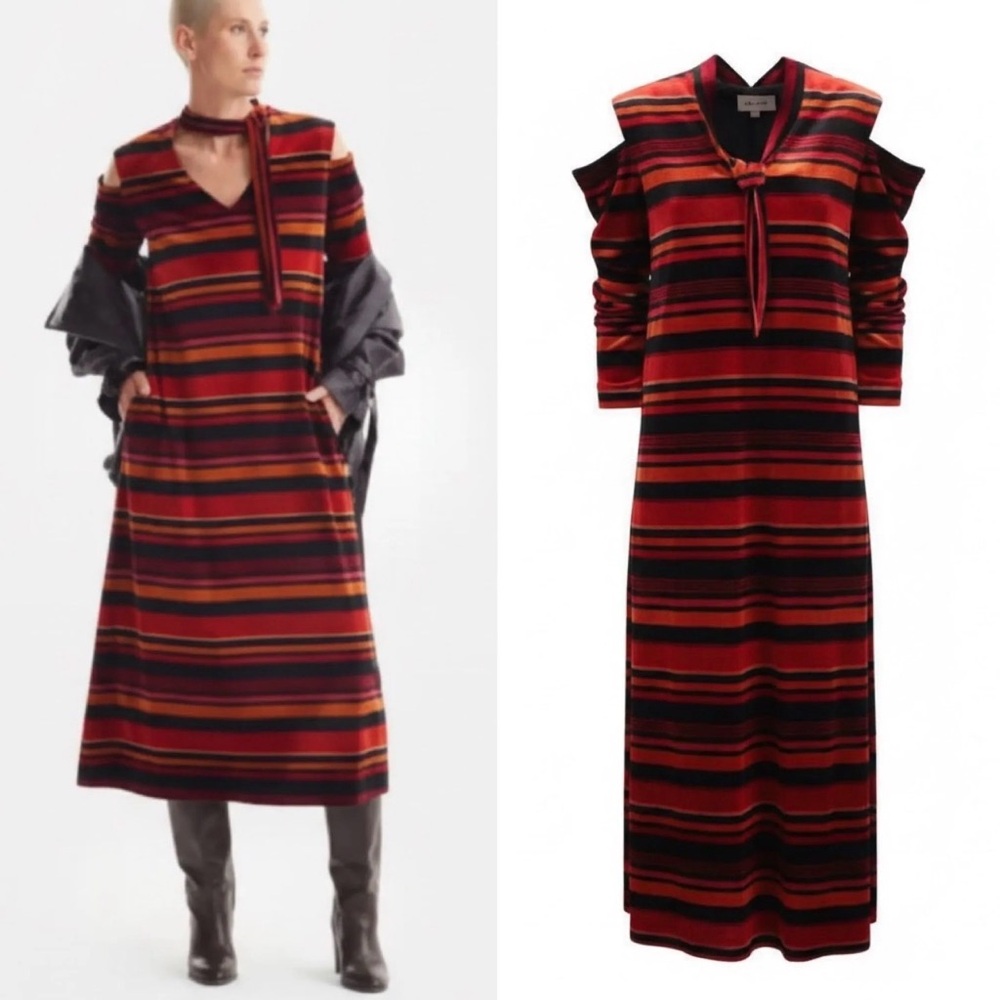 Julia Allert Striped Shoulder cut out Midi Dress in Red and Black velvet
